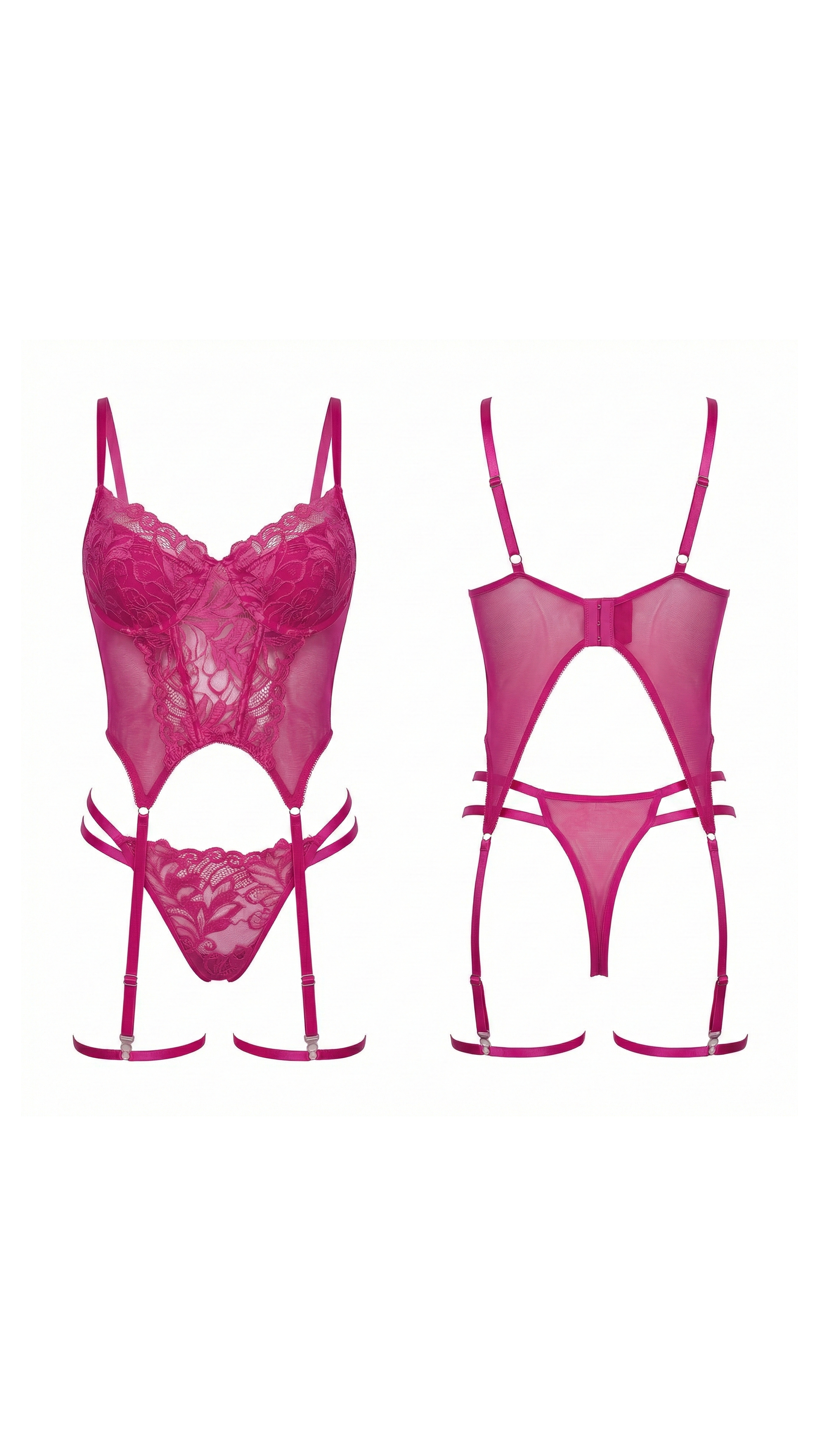 Fuchsia Bodysuit Dantel Transparan Fuşya Badysuit 4'lü
