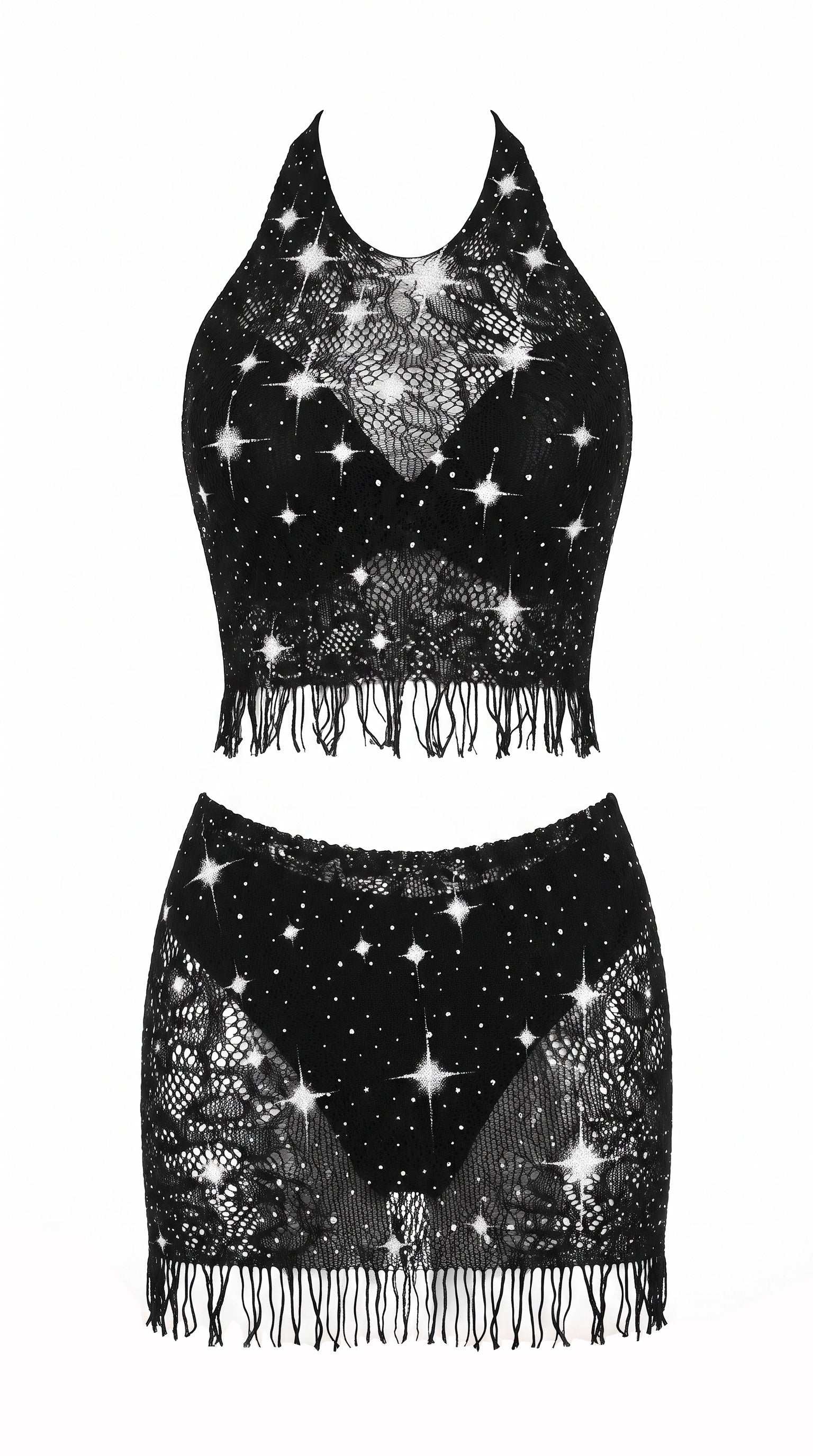 Starry Night Işıltılı Püsküllü Siyah Fantezi Takım