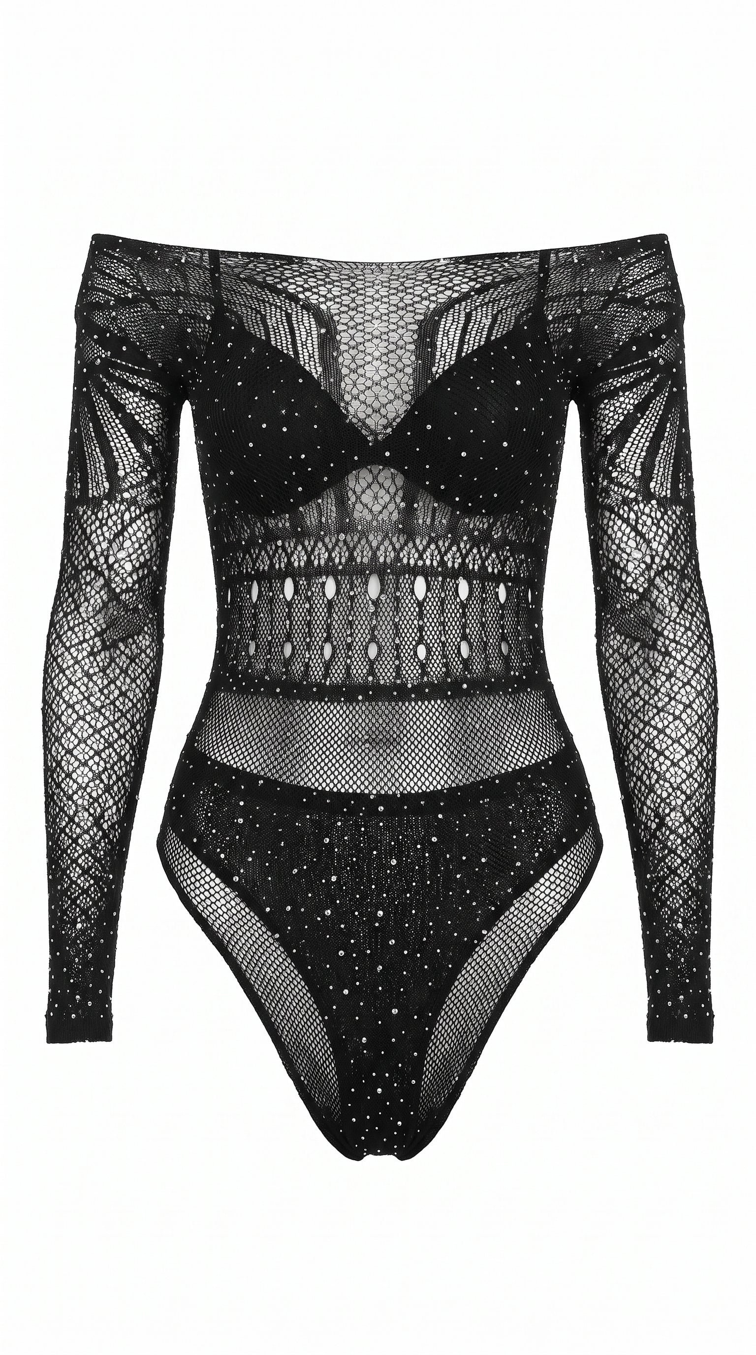Midnight Allure Omuz Dekolteli Işıltılı Siyah Vücut Çorabı