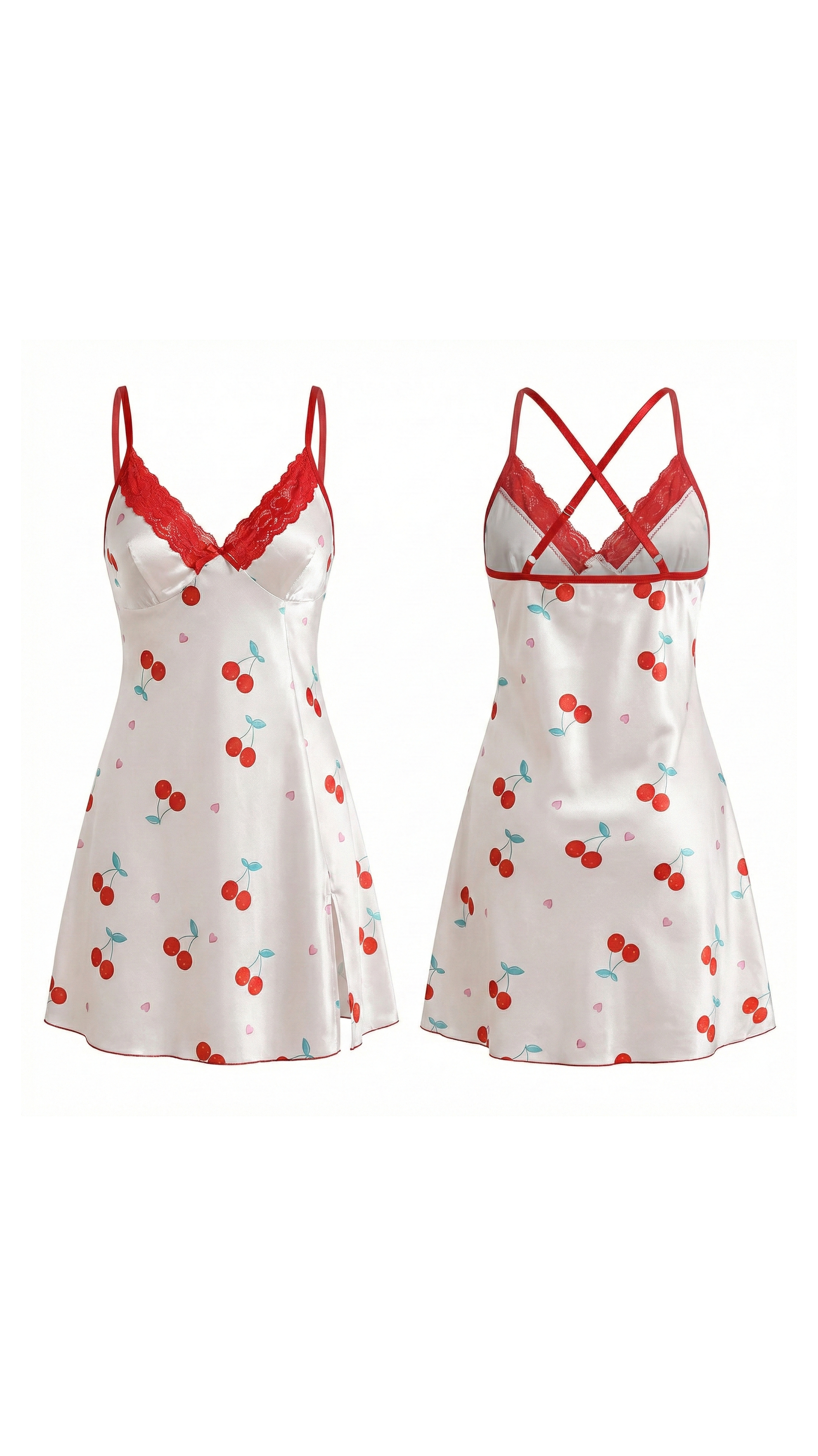 Cherry Satin Beyaz Kırmızı kiraz Desenli saten