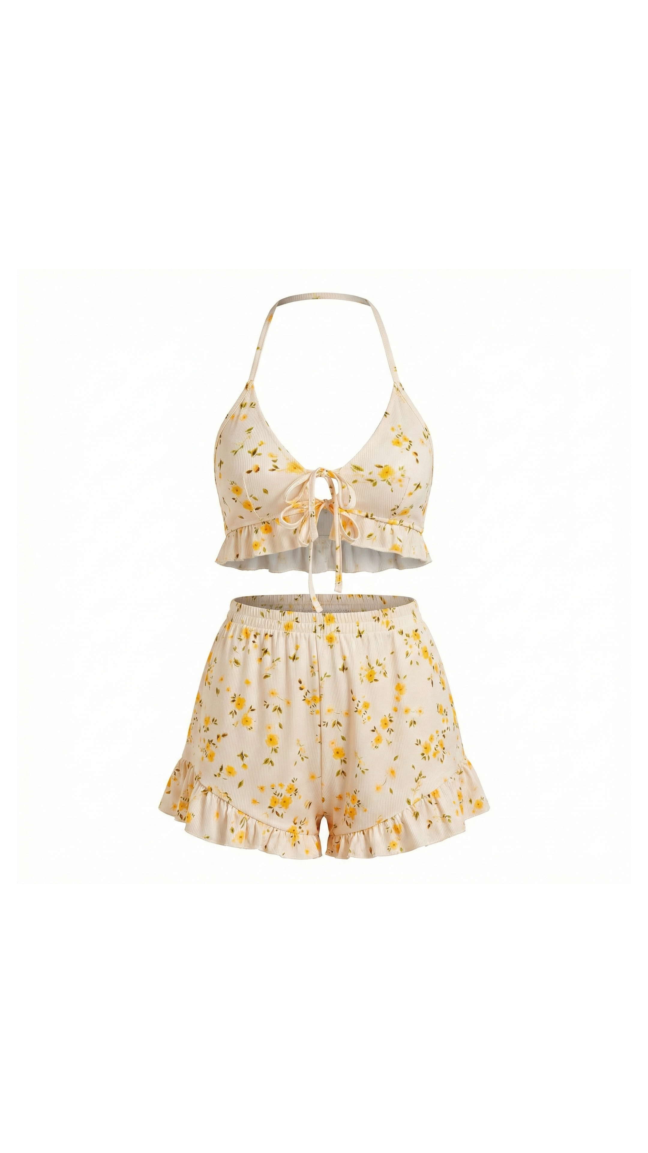 Ivory Bloom II Çiçekli Ekru Askılı Şortlu Pijama