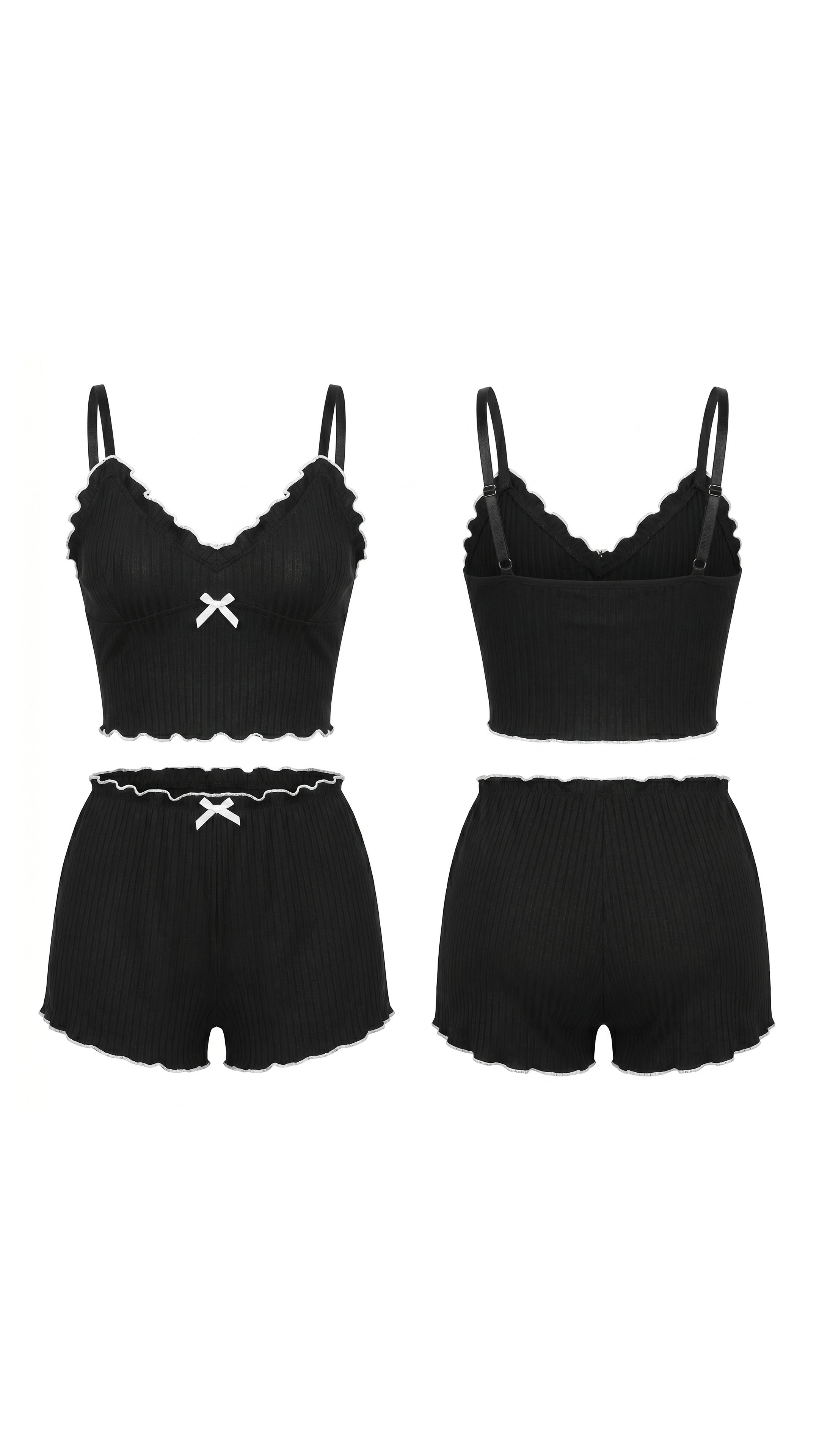 Obsidian Rib Siyah Fitilli Askılı Şortlu Pijama