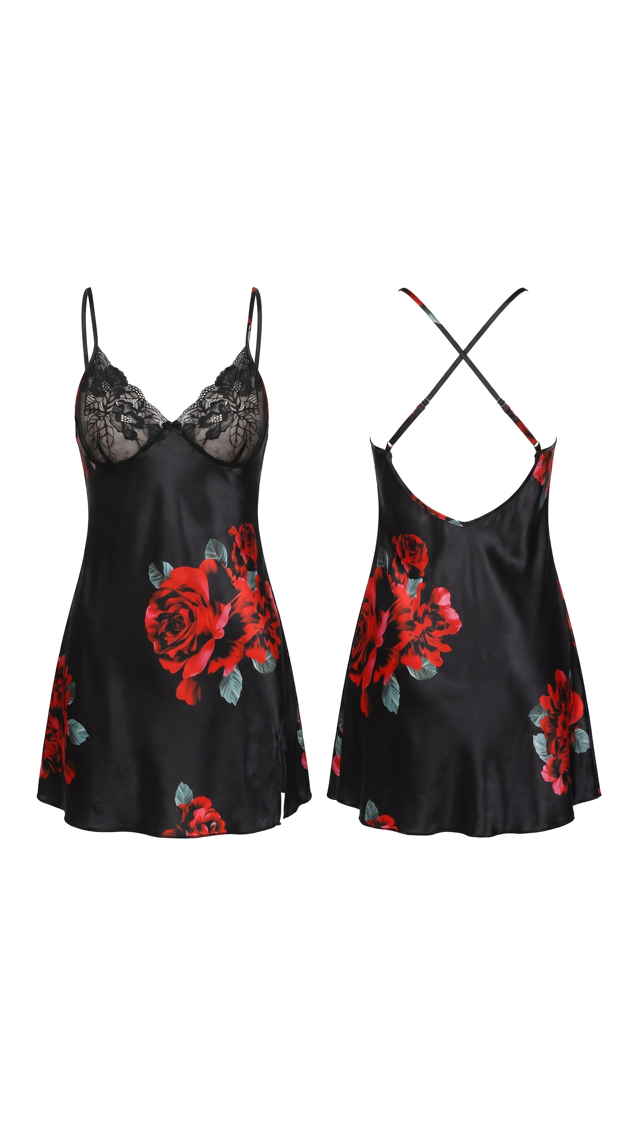 Noir Rose Siyah Saten Askılı Dantel Detaylı