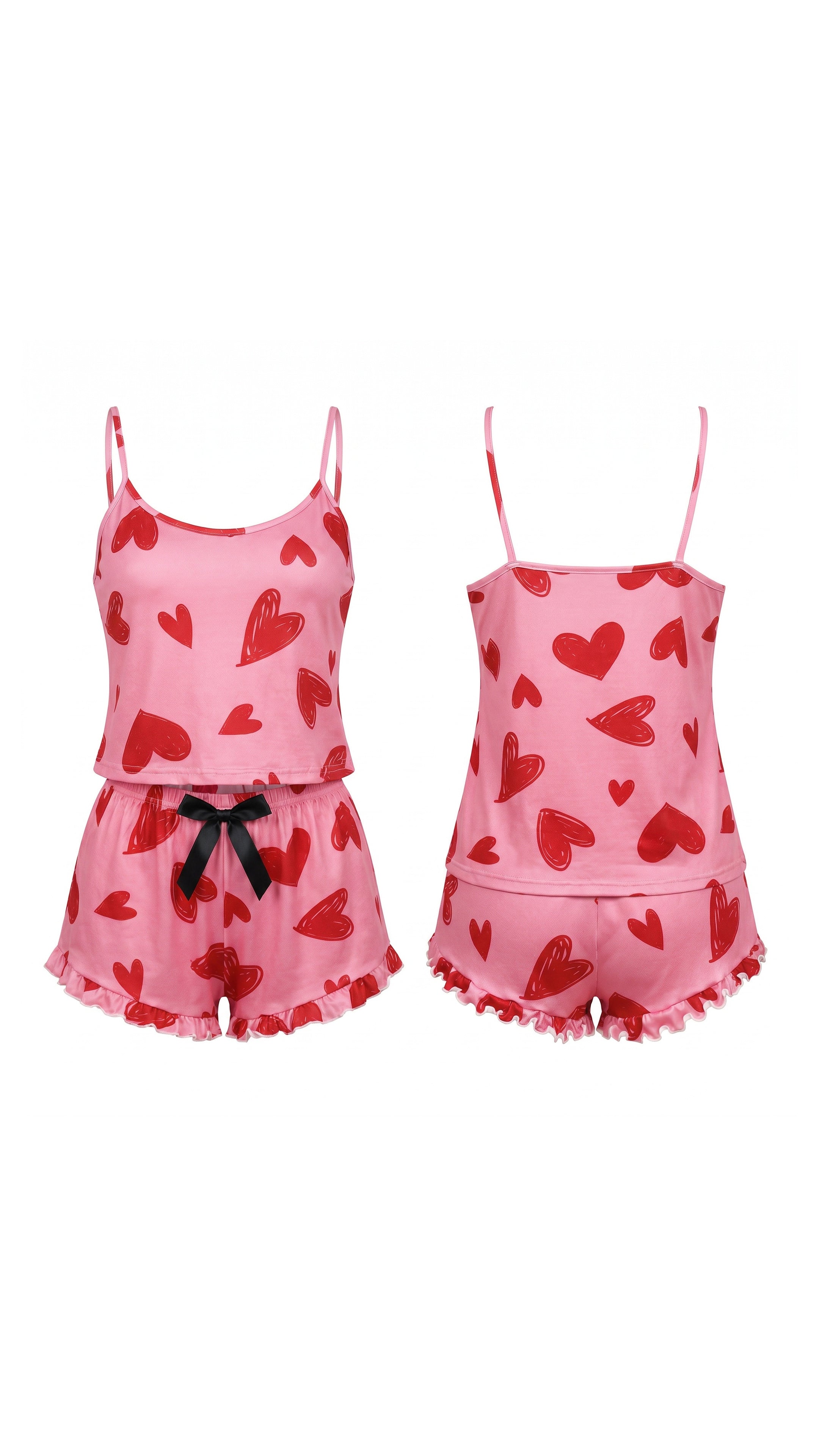 Kadın Pembe Kalp Baskılı Şortlu Gecelik Pijama Takımı