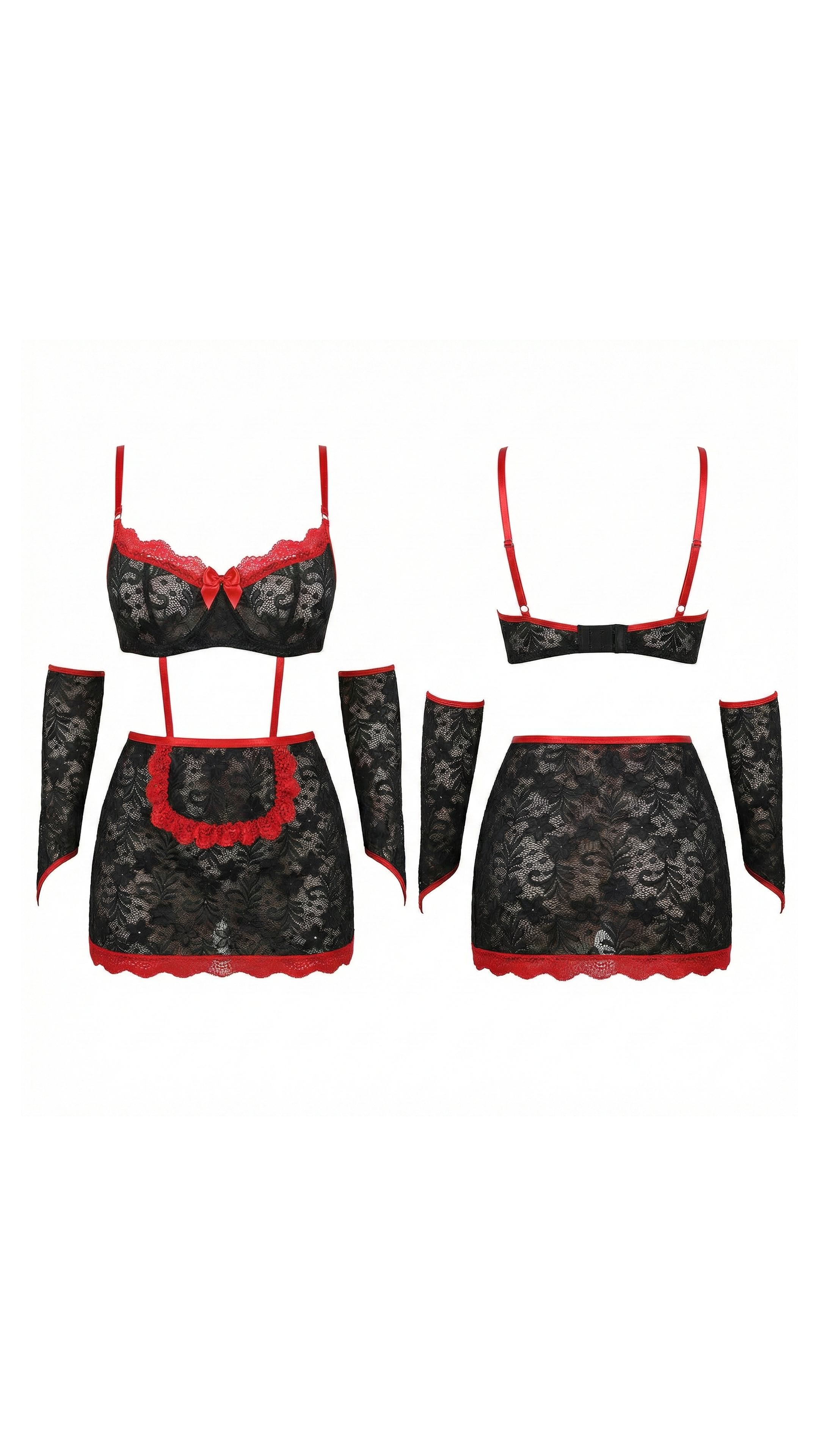 Maid Noir 5 parça Kırmızı Siyah Dantel