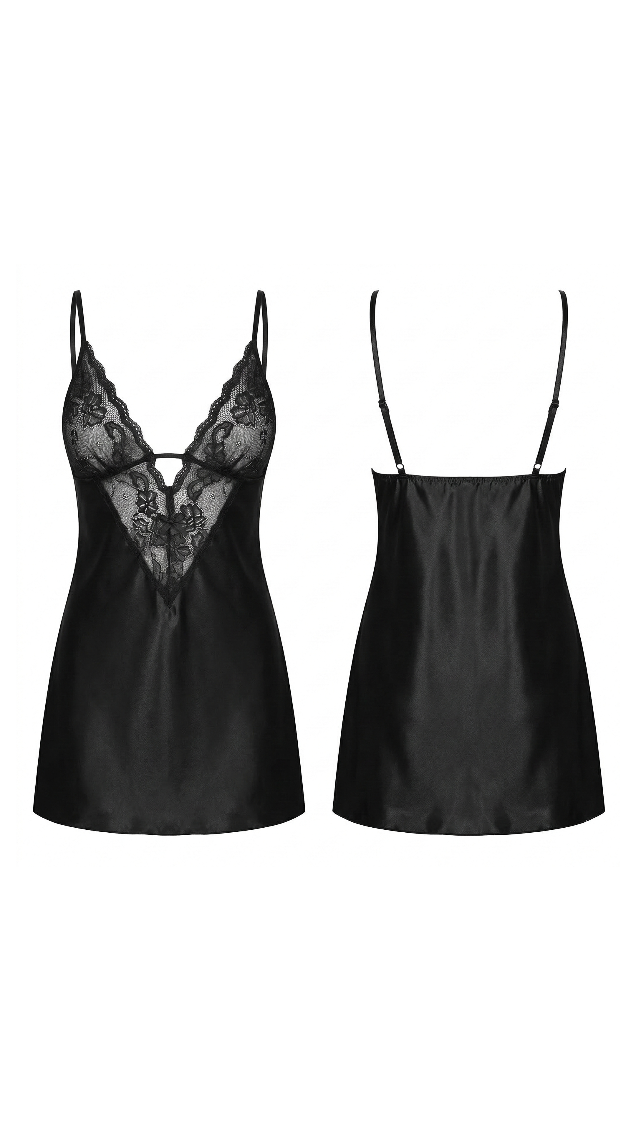Obsidian Silk Siyah Dantel Detaylı Saten Gecelik