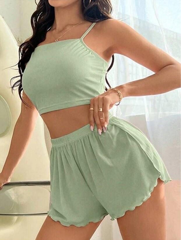 Kadın Yeşil Dantel Detaylı Şortlu Gecelik Pijama Takımı