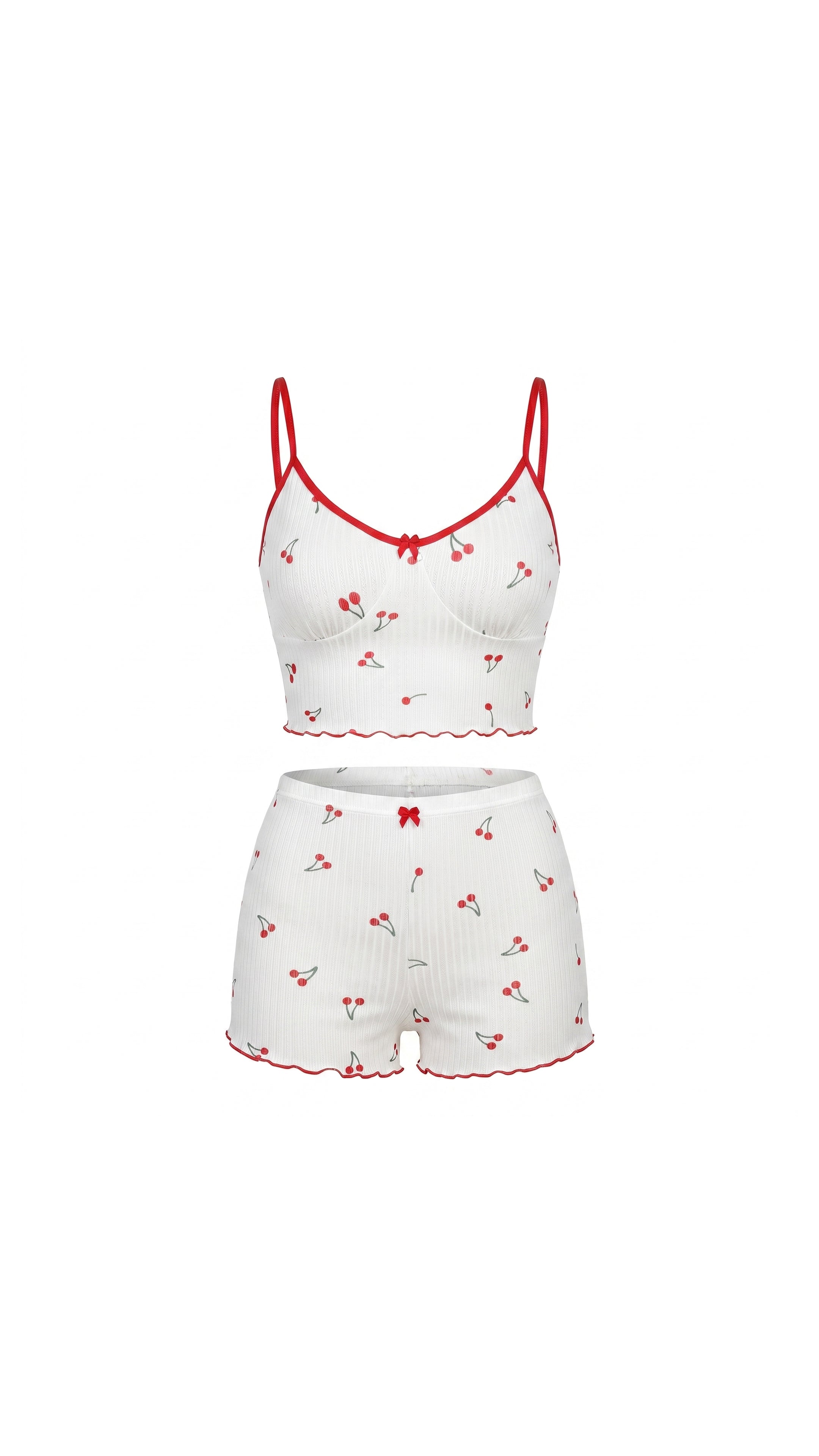 Cherry Dusk Vişne Desenli Dantel Askılı Şortlu