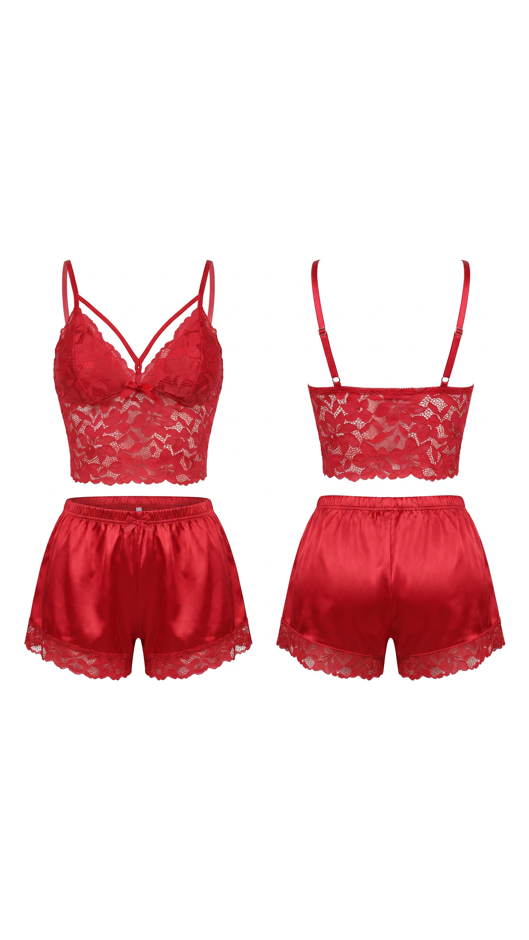 Crimson Satin Kırmızı Dantel Detaylı Şortlu Takım