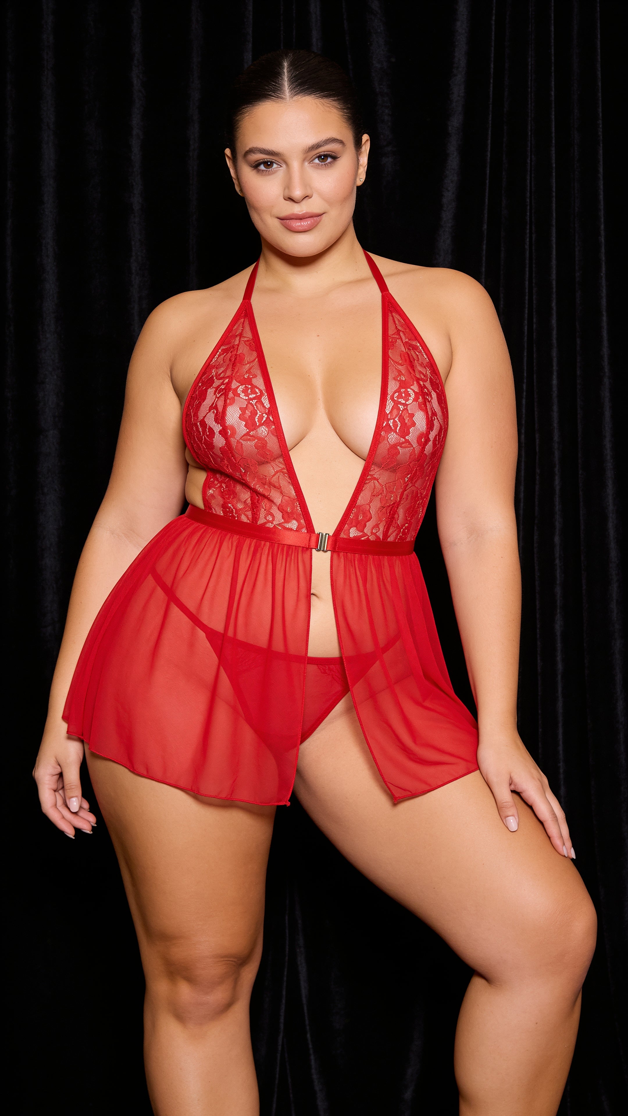 Secret Kırmızı Dantelli Fantezi Babydoll Büyük Beden