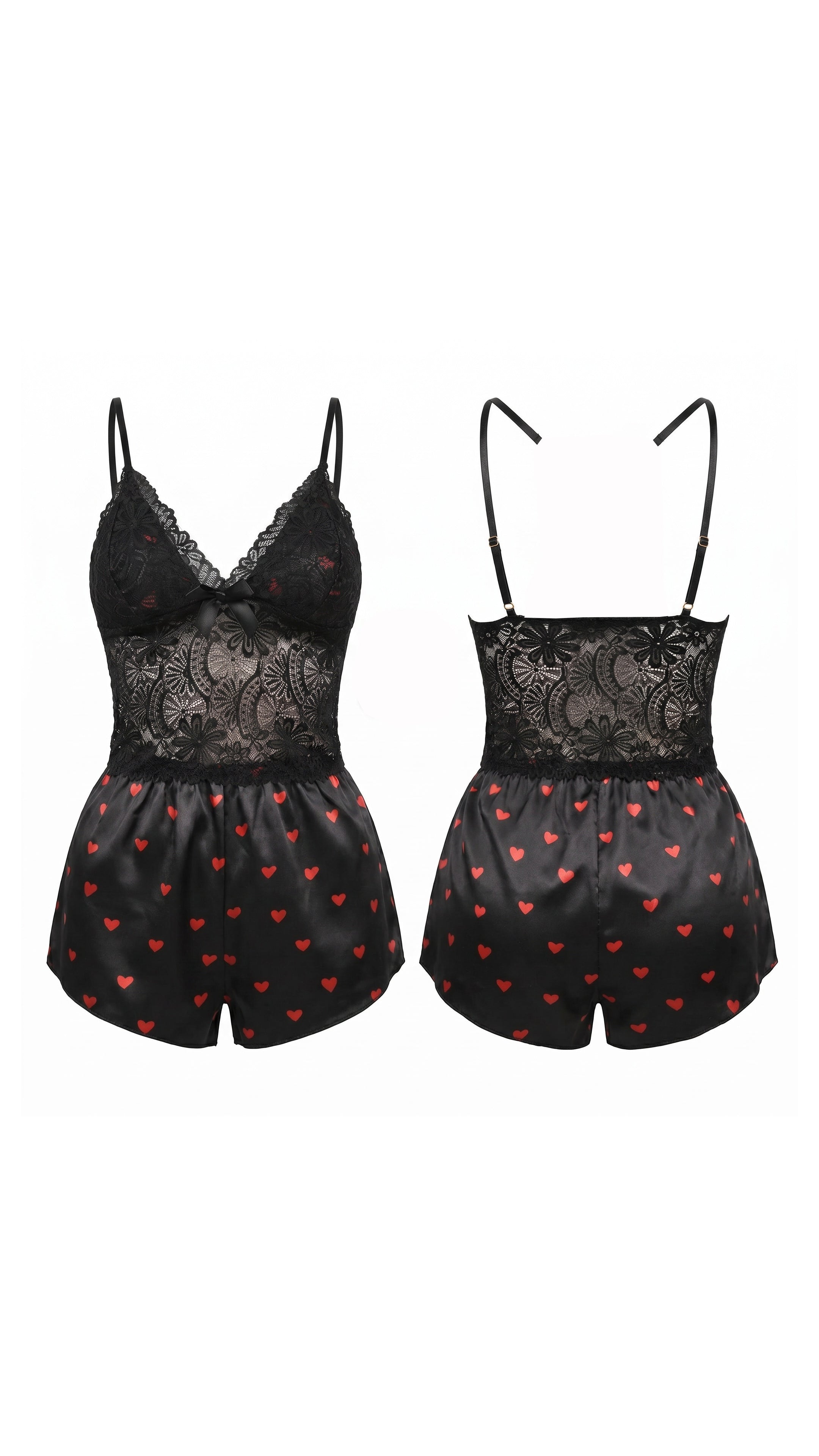 Noir Satin Siyah Kırmızı Kalp Desenli Saten