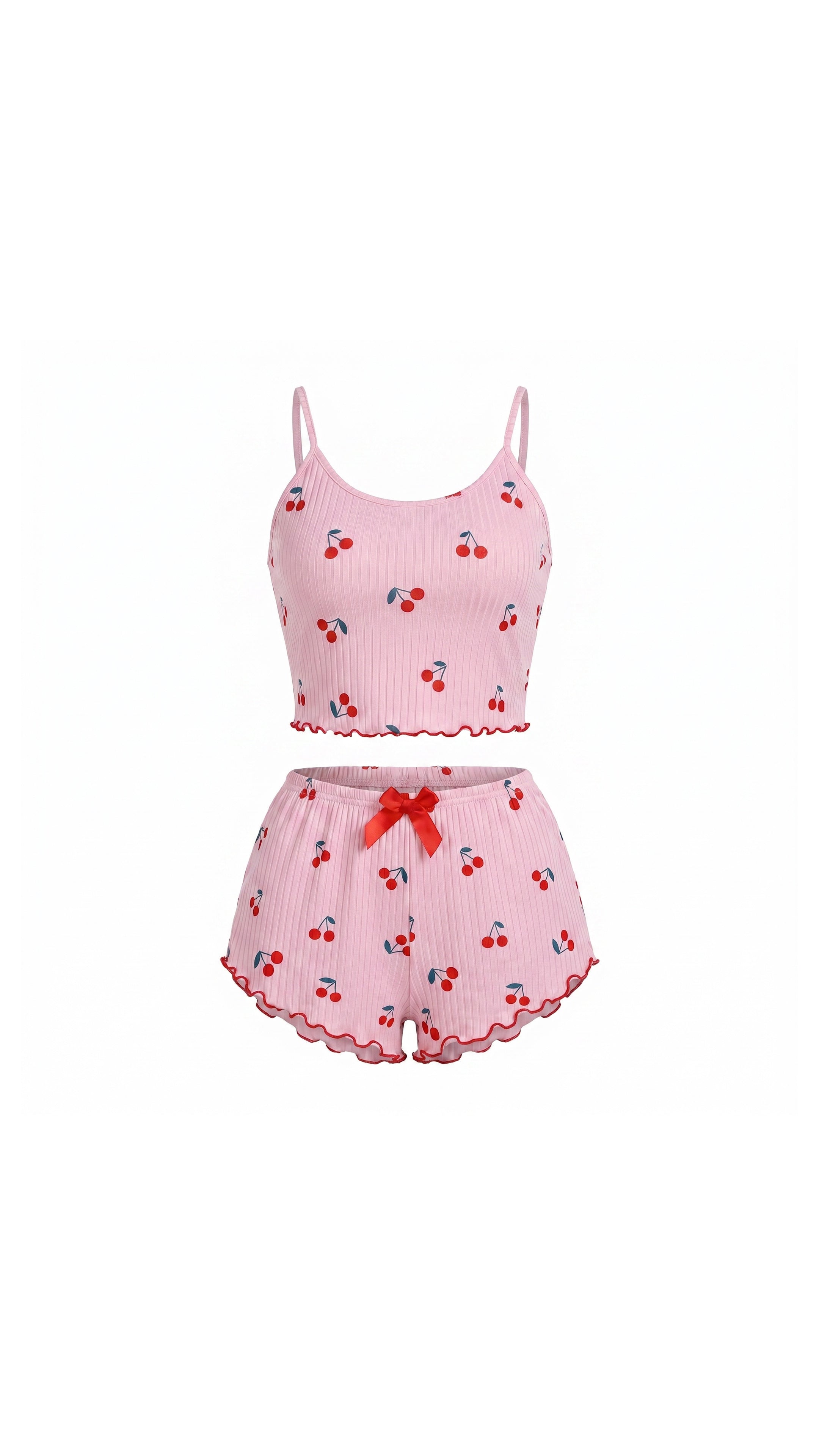 Blush Cherry Pembe Kiraz Desenli Askılı Şortlu