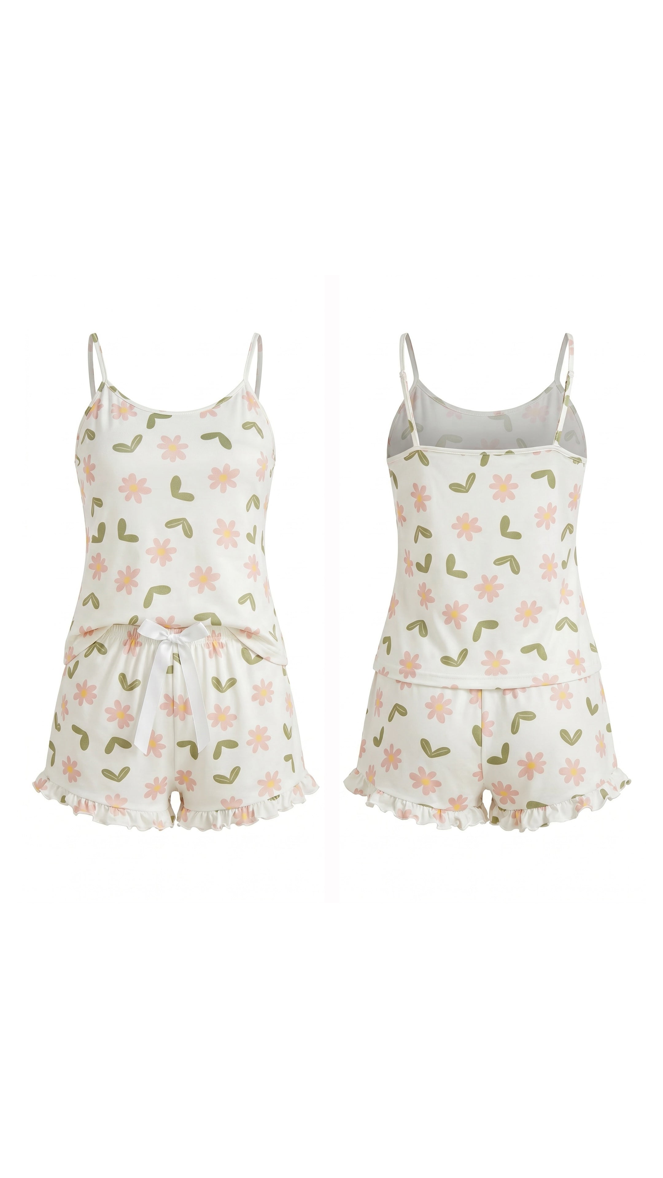 Kadın Ekru Çiçek Baskılı Şortlu Gecelik Pijama Takımı