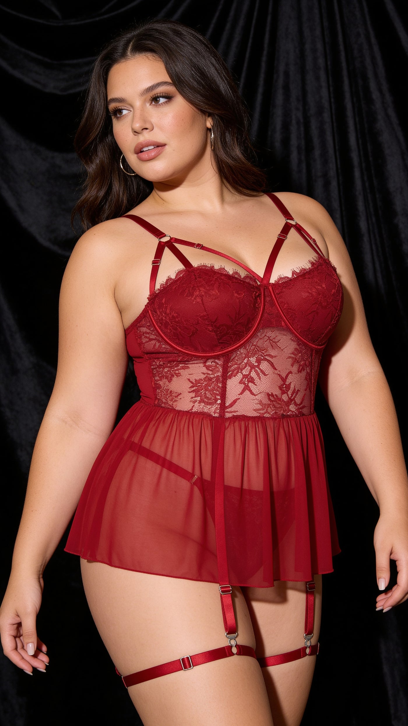 Rouge Bordo Babydoll Jartiyer Takımı Büyük Beden