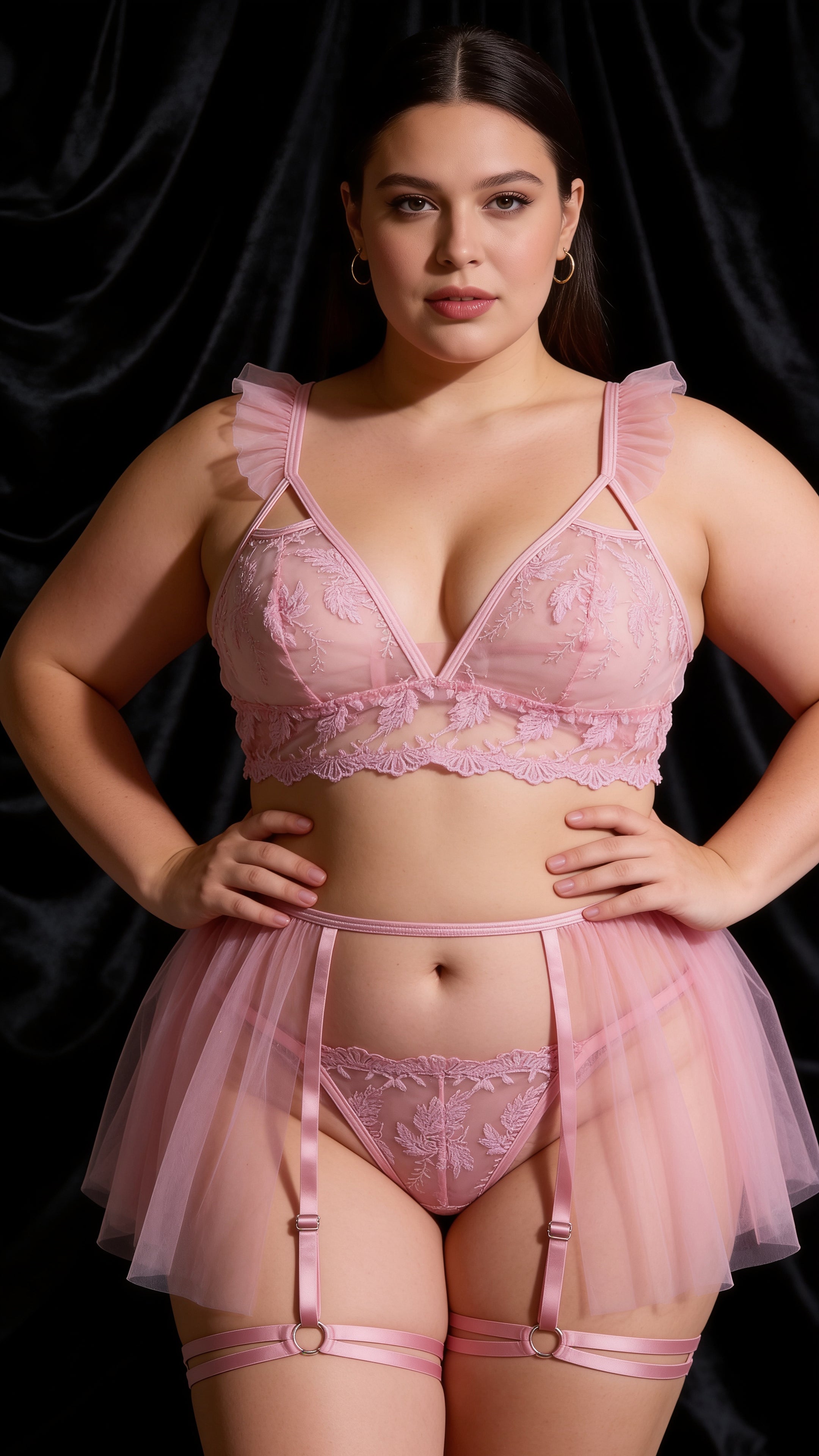 Blush Pembe Dantelli Jartiyer Takımı Büyük Beden